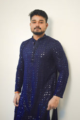 Men's Navy Blue Paisley Digital Printed Silk Blend Kurta for Festivals