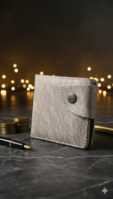 Title: Luxury Textured Men's Bifold Wallet – Beige Lace-Pattern Design with Secure Snap Button Clasp