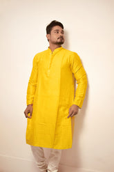 Men's Vibrant Yellow Silk-Blend Kurta with Mandarin Collar – Ideal for Haldi, Weddings & Festivals