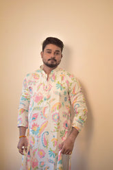 Product Title: Men's Floral Print Cotton Blend Kurta - Off-White & Multicolour