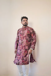 Men's Premium Plum & Mauve Botanical Print Cotton Kurta – Modern Ethnic Wear