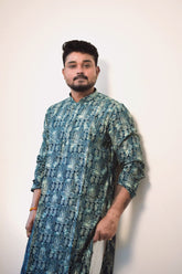 Men's Teal Blue Hand-Block Print Cotton Kurta – Contemporary Ethnic Wear