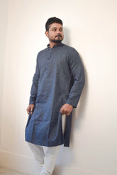 Men's Indigo Blue Textured Cotton Kurta – Modern Slim Fit Ethnic Wear