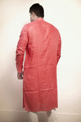 Men's Peach Silk Blend Kurta with Subtle Self-Check Pattern and Vertical Stripes