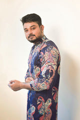 Elegan Traditional Men's Kurta Featuring a Rich Vibrant Blue Base Adorned with Intricate Multicolor Paisley Prints