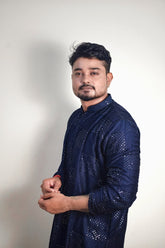 Men's Navy Blue Silk Blend Kurta with Mirror Work and Geometric Patterns