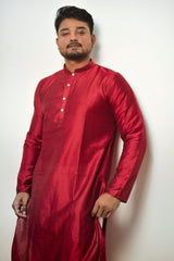 Men's Maroon/Red Silk Blend Straight Kurta for Weddings and Festivals