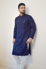 Men's Navy Blue Paisley Digital Printed Silk Blend Kurta for Festivals