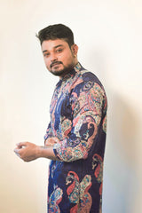 Men's Designer Digital Print Ethnic Kurta - Navy Blue & Pink Paisley
