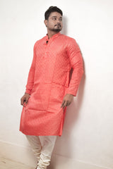 Men's Peach Silk Blend Kurta with Subtle Self-Check Pattern and Vertical Stripes