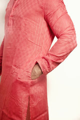 Men's Peach Silk Blend Kurta with Subtle Self-Check Pattern and Vertical Stripes