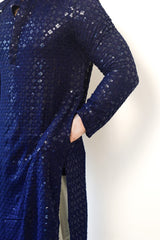 Men's Navy Blue Paisley Digital Printed Silk Blend Kurta for Festivals