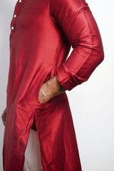 Men's Maroon/Red Silk Blend Straight Kurta for Weddings and Festivals