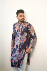 Elegan Traditional Men's Kurta Featuring a Rich Vibrant Blue Base Adorned with Intricate Multicolor Paisley Prints