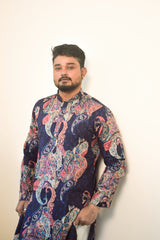 Elegan Traditional Men's Kurta Featuring a Rich Vibrant Blue Base Adorned with Intricate Multicolor Paisley Prints
