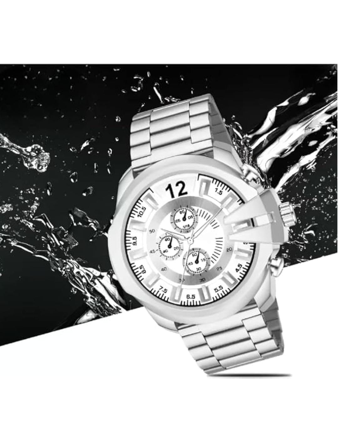 Diesel Mega Chief Silver Stainless Steel White Dial Watch