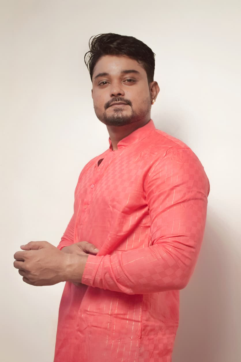 Men's Peach Silk Blend Kurta with Subtle Self-Check Pattern and Vertical Stripes